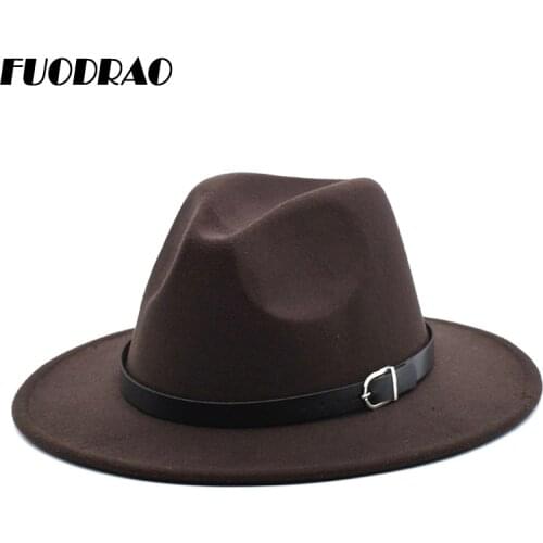 FUODRAO New Fashion Belt Fedoras For Women Spring Men Wool Jazz Hat Wide Brim Brown Hats Gentleman Elegant Chapeau Femme F15
