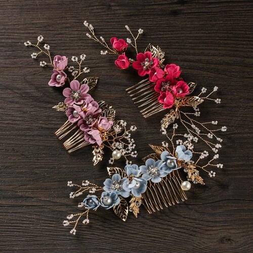2021 New Arrival Luxury Blue Flower Hair Combs Headdress Prom Bridal Wedding Hair Accessories Gold Leaves Hair Jewelry Hair Pins