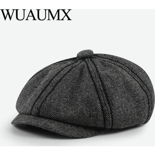 Wuaumx Spring Autumn Newsboy Caps Men Grey Octagonal Hat Women British Detective Hats Painter Herringbone Flat Caps Visors