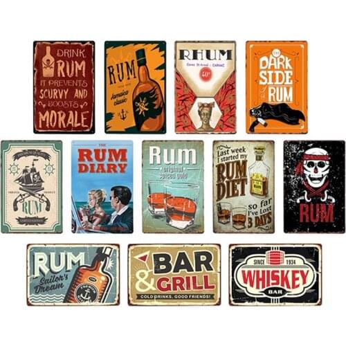 Classic Rum Vintage Metal Tin Sign Whiskey and Brandy Retro Art Poster Bar Club Restaurant Home Decor Iron Painting Wall Sticker