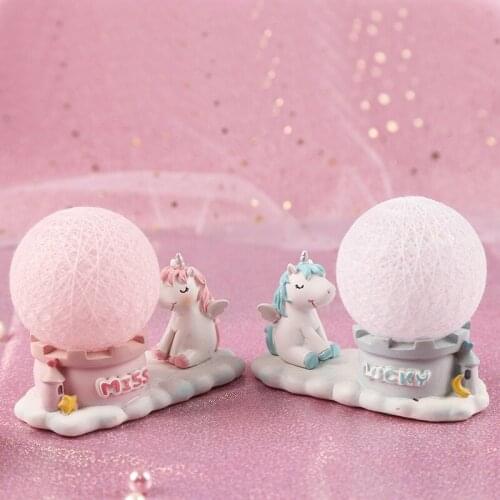 Creative Cute Pink Blue Unicorn Night Lights Cartoon Animal Vine Ball Resin Crafts Bedroom Bedside Table Lamp For Kids Gifts New