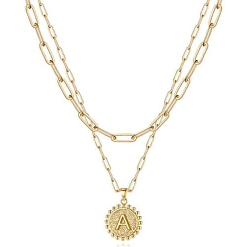 14K Gold Plated Gold Initial Necklace for Women Delicate Layered Paper Clip Chain Women Necklace Coin Letter Choker Jewelry