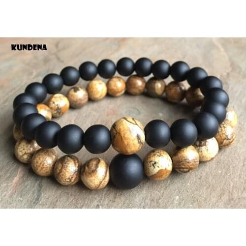 8mm/10mm Couples Bracelets Friendship Picture Jaspers Matte Black Onyx Natural Stone Beads Elastic Bracelet Beads Wrist Bracelet