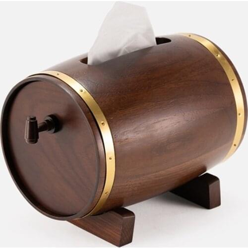 Personalized wine barrel shape black walnut wooden tissue box Classic bar decoration cylinder ash wood tissue boxs