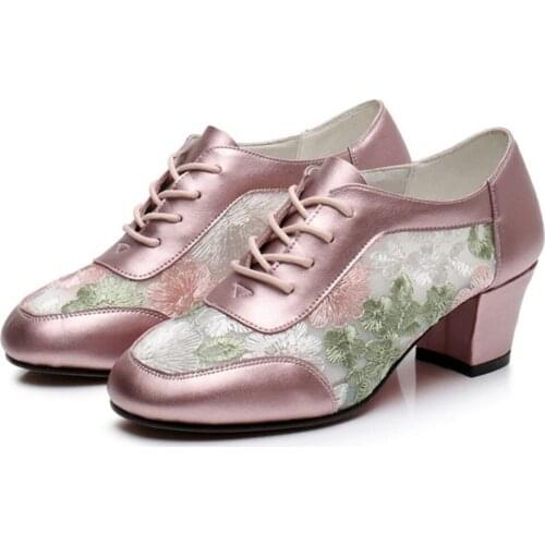 Womens Round Toe Floral Embroidery Satin Silk Lace Up Block Heel Mesh Breathable Shoes Low Top Plus Size Dancing Latin Pumps