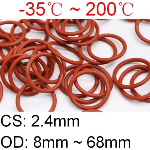 100pcs VMQ O Ring Seal Gasket Thickness CS 2.4mm OD 8 ~ 68mm Silicone Rubber Insulated Waterproof Washer Round Shape Nontoxi Red