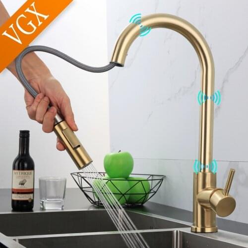 VGX Touch Control Sensor Kitchen Sink Faucets Pull Out Sprayer Stainless Steel Smart Induction Mixer Tap Brushed Golden Black