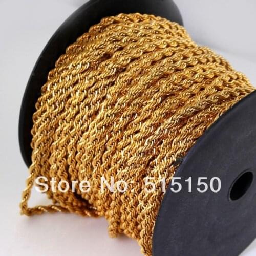 High Quality 100 meters lot Fashion 18K Gold plated Stainless Steel 4mm rope chain.jewelry finding DIY necklace bracelet,in Bulk