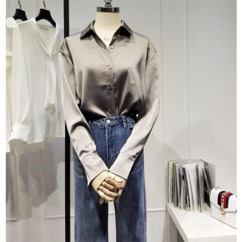 Womens Spring Autumn Runway Fashion Dark Gray Shirt Female Casual Loose Office Lady Basic Blouse Tees Tops TB1709