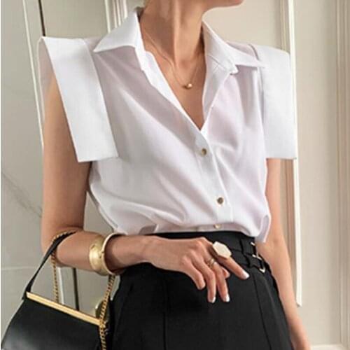 Sleeveless Summer Shirt Women Turn-down Collar White Blouses Female Button Korean Chic Office Lady Fashion Tops Blusas New 15585