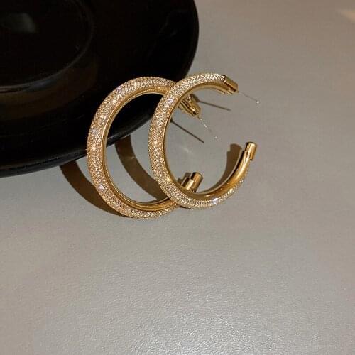 Origin Summer Hyperbole Grid Sparkly Crystal Hoop Earrings for Women Gold Color Metal Round Circle Earrings Temperament Jewelry