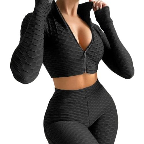 Workout Set Women 2 Piece Set Textured Long Sleeve Zip Up Crop Top Butt Lift Biker Long Pants Summer Gym Yoga Outfits Tracksuit