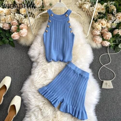 WIGADFHK Womens 2021 Summer Knitted Suit Strapless Halter Camisole + High Waist Shorts Two-piece Set