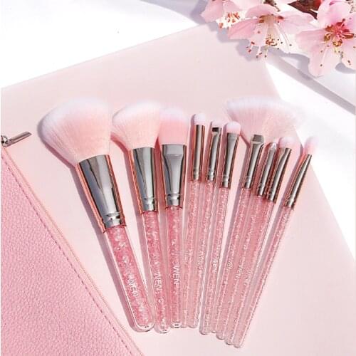 10Pcs Pink Crystal Handle Professional Makeup Brushes Kit Soft Synthetic Hair Blush Foundation Blending Beauty MakeUp Brush