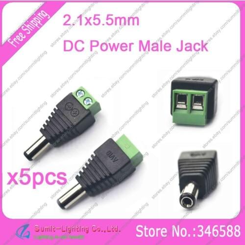 5PCS 5.5x2.1mm DC Power Male Jack Plug Cable Easy Connector Strip-to-DC Power Adapter for single color LED strip light /CCTV