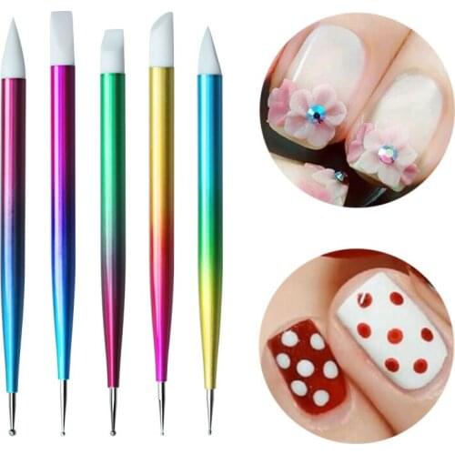 5Pcs Dual Heads Gradient Dotting Pen Brush with Silicone Rhinestones Gem Picker Crystal Picking Manicure Nail Art Tools