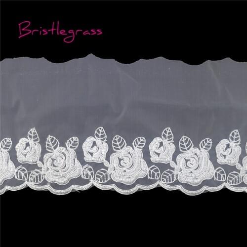 BRISTLEGRASS 1 Yard White Embroidered Rose Flower Tulle Mesh Lace Trims Applique Patch Bridal Wedding Dress Costume Sewing Craft
