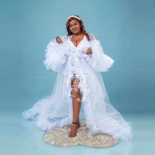 White Tulle Aso Ebi Bridal Robes Custom Made Long Sheer See Through Party Overlay Dress Plus Size Long Sleeves Maternity Dress