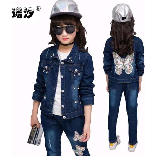 Children clothes kids butterfly cowboy jeans outwear kids cotton jeans jacket top+pants 4-14 Y girls clothing sets girls clothes