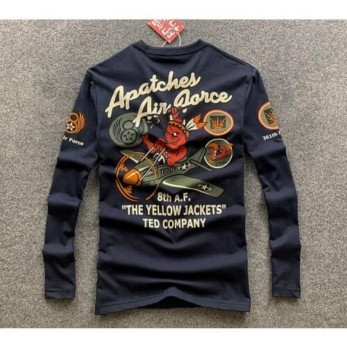 Japanese Devil Air Force Flying Long Sleeve Mens T-shirt Cotton Letter Print Motorcycle Biker T-Shirts Fashion Tops Tee Shirts