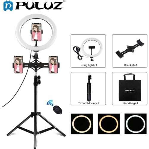 PULUZ 10.2 inch 26cm USB 3 Modes Dimmable LED Selfie Ring Light Photography Video Vlogging light &1.1m Tripod Stand &Phone Clamp