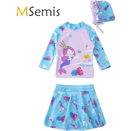 3Pcs Kids Girls Swimsuit Cartoon Mermaid Print Tops with Skirt and Hat Set Beach Pool Swimming Bathing Rashguard Swimming Suit