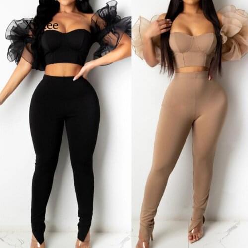 Summer Womens Two-Piece Leg Two-Piece Shoulder Top Slim Pants Two-Piece Pure Color Mesh Thin Puff Sleeve Sexy
