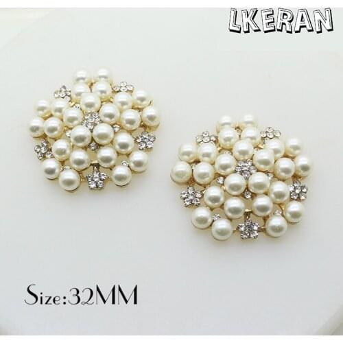 LKERAN 2PC 32mm Big Flower Pearl Bead Flower Metal Rhinestone Buttons Decorative DIY Jewelry Accessories