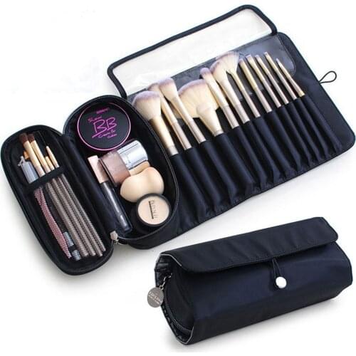Multifunctional Canvas Cosmetic Bags Female Storage Bag Solid Color Foldable Ditty-Bag for Toiletries Cosmetics Black