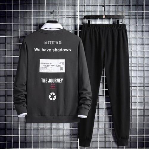 Two piece set Mens Sweatshirt Men 2020 Oversized Vintage Casual Japanese Streetwear Hip Hop Print Black Crewneck Sweatshirts For