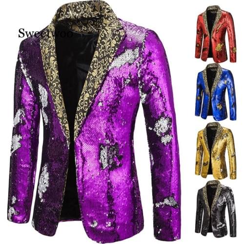 Hot Sale Charm Mens Casual Fit Suit Coat Jacket Sequin Party Top Patchwork Cardigan Autumn Winter Performance Blazer Gold Red