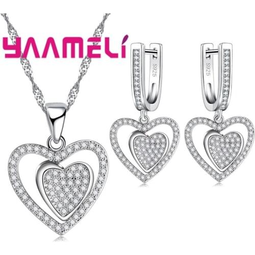 New Luxury Genuine Pure 925 Sterling Silver Bridal Jewelry Set Heart to Heart Necklace Pendant Drop Earring for Wedding