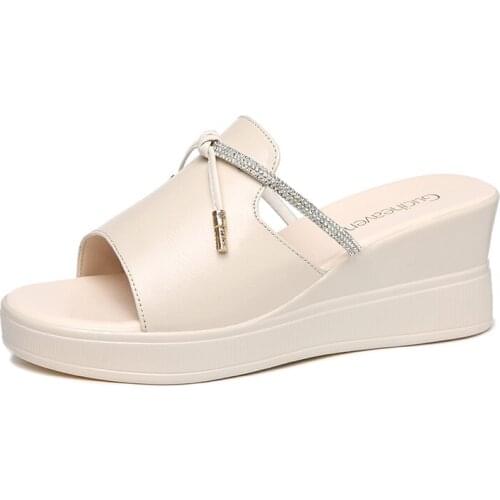 Open-Toed Wedge Slippers, Solid Color Flip-Flops Decorated With Hot Rhinestones, WomenS Platform Shoes