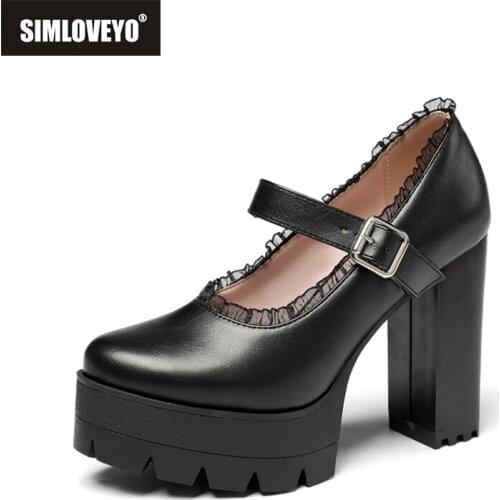 SIMLOVEYO Women Pumps Round Toe 11cm Block Heel Faux Leather Buckle High Platform Big Size 33-43 Black White Party Spring B2516