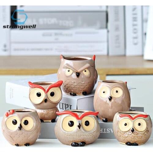 Strongwell Pure Hand Painted Ceramic Flower Pot Cute Owl MIniature Model Home Office Decoration Succulent Planter Garden Pot
