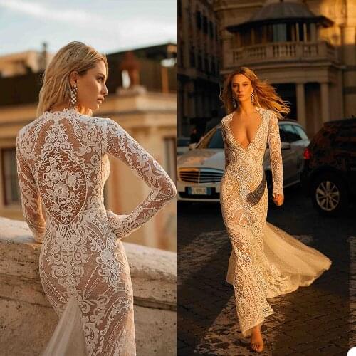 New Wedding Dresses V Neck Long Sleeves Lace Appliques Mermaid Bridal Gowns Custom Made Floor Length Wedding Dress