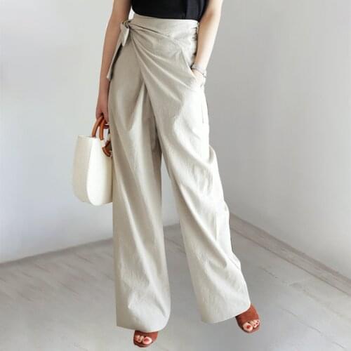 2020 Spring Summer New High Waist Loose Bowknot Pure Color Wide Leg Fashion Workwear Ladies Casual Pants
