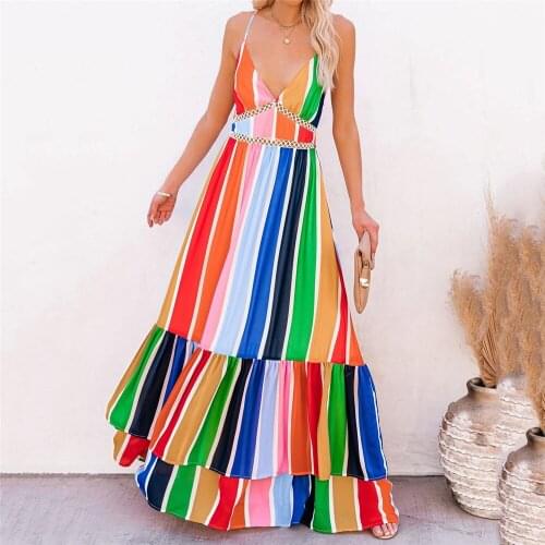Rainbow Color Striped Backless Long Maxi Dress Sundresses Women 2021 Summer Sexy Deep V Neck Boho Beach Ruffled Dresses Vestidos