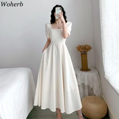 Woherb Temperament Woman Dress Summer Vintage Robe Square Collar Puff Sleeve Backless Vestidos Slim Elegant Maix Dresses 95383