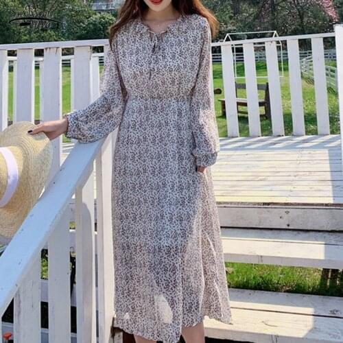 Vintage Party Midi Dress Vestidos Elegant Print Long Sleeve Spring Women Dresses Summer Casual O-Neck Chiffon A LIne Dress 13199