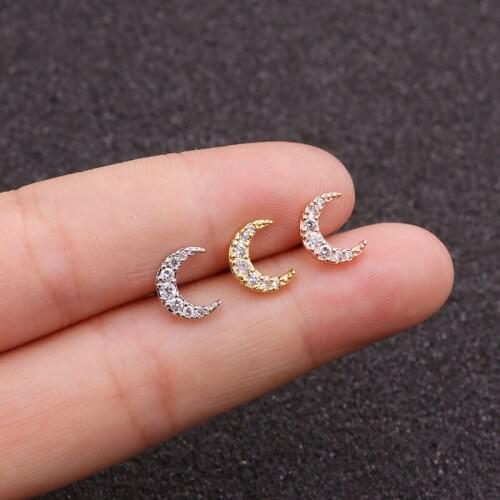 1 PCS Trendy Small Micro Pave CZ Moon Ear Stud Cuff Earrings Cute Gold Color Earring Stainless Steel Bar Ball Ear Jewelry