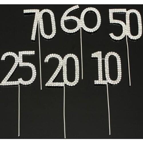 100pcs 45mm Silver Diamante Rhinestone Cake Topper Birthdays Wedding Numbers Crystal Stick Cake Accessories Party Decor