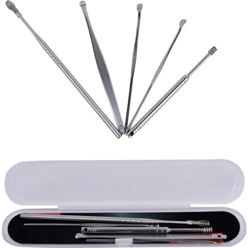5pcs/Lot Silver Stainless Steel Earpick With PP Box Wax Remover Curette Cleaner Health Care Tools Ear Pick