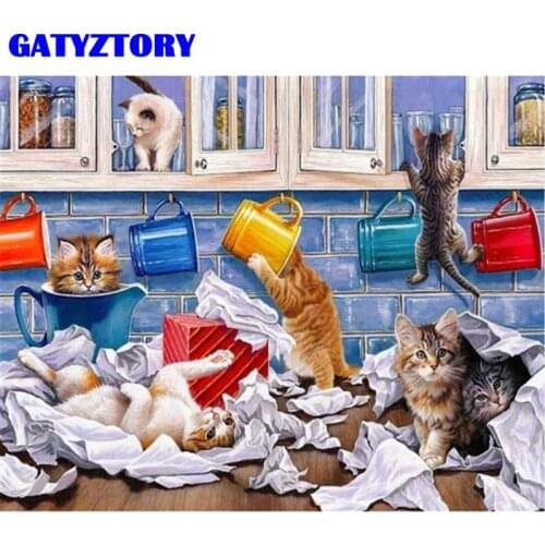 GATYZTORY Oil Painting By Number Animal Cat DIY Drawing Canvas Handpainted Teacup Pictures By Number Home Decoration