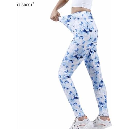 CHSDCSI Hot Sale Women Running Fitness Pants For Ladies Printed White Floral Blue Butterfly Pattern Design Gym Sexy Leggins