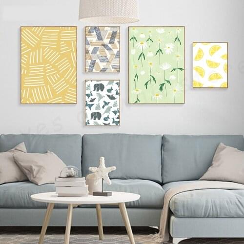 Scandinavian Poster Nordic Print Leaves Elephant Animal Wall Art Canvas Painting Lemon Nature Picture Living Room Decor