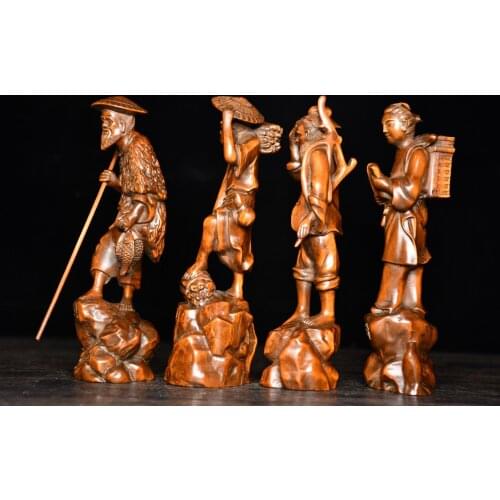 6"China Lucky Old Boxwood Hand-carved Fisherman woodcutter farmer Scholar statue set Implication Lucky fortune Office