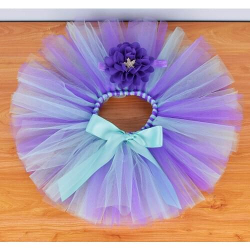 Purple Aqua Fluffy Tutu Skirt & Flower Headband Set Baby 1st Birthday Party Tulle Skirt Kids Under the sea costume Cake Smash