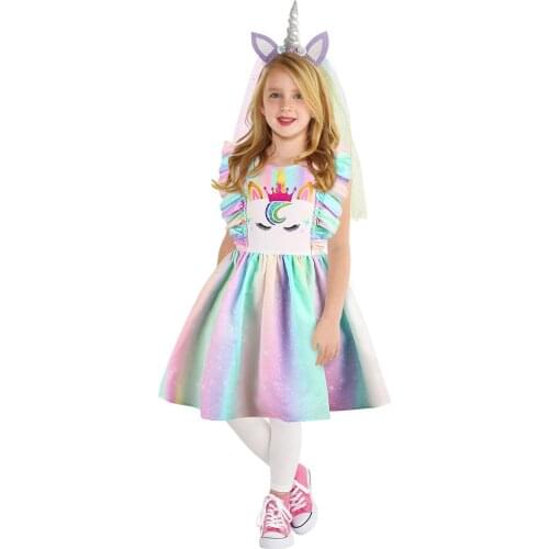 Summer Dress for Girls Party Childrens Girls Dress Colorful Rainbow Dress Princess Festival Performance Dress
