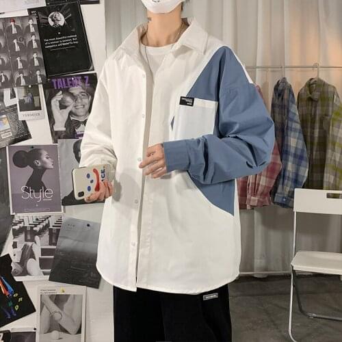 Plus Size 5XL-M Autumn New Fashion Patchwork Color Long Sleeve Oversized Shirts Men Clothing Simple Loose Casual Chemise Homme